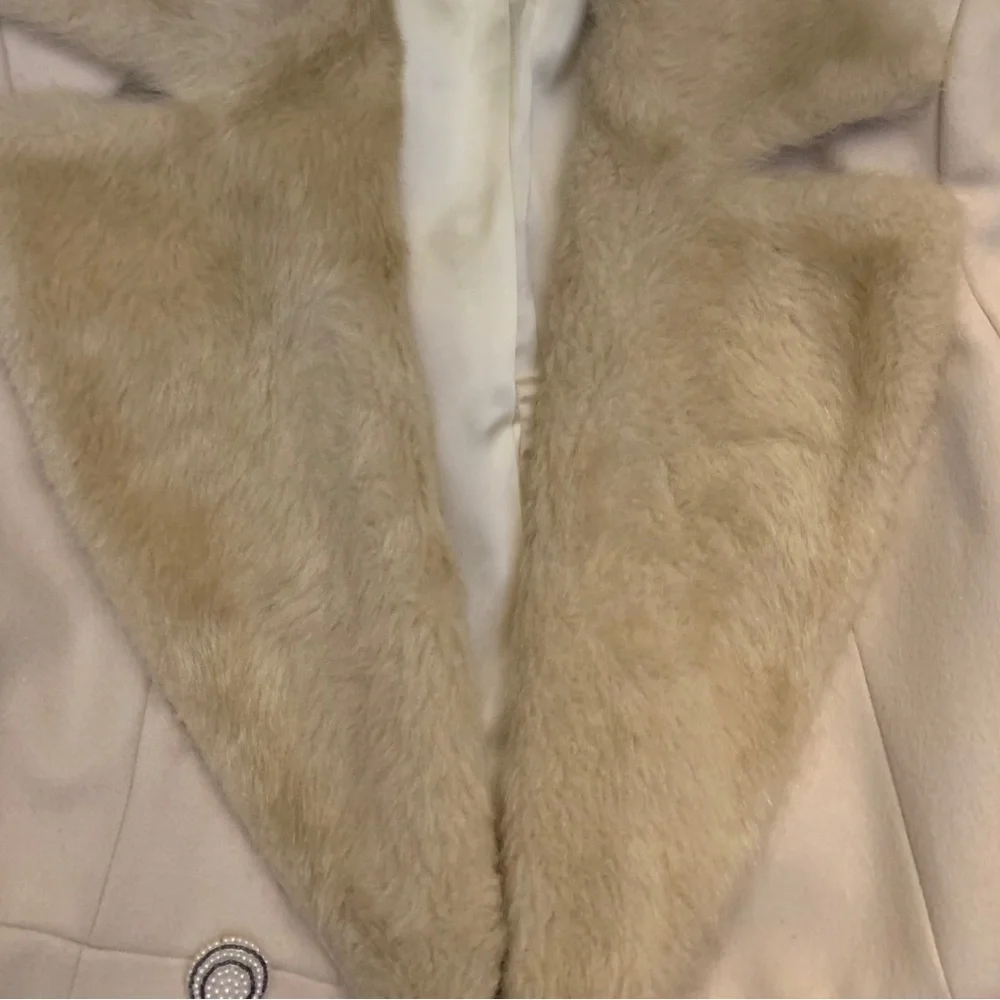 Elegant French Connection Wool Faux Fur Cream Beige Mid Length Coat 6 Tan Jacket - Picture 2 of 13